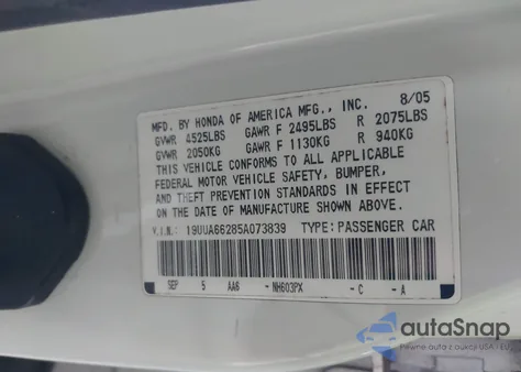 2005 Acura Tl из США, поврежденный, VIN 19UUA66285A073839